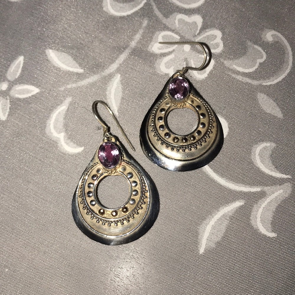 SterlingSilver Boho dangle Earrings oval Amethyst